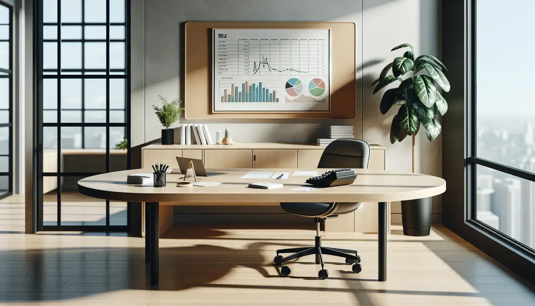 Oficina moderna y luminosa con mesa de madera, silla ergonómica, calculadora gris, papeles y gráficos coloridos, pizarra blanca y planta verde.