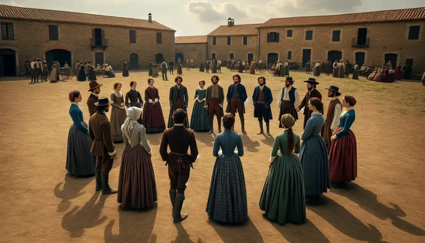 Grupo de personas vestidas con trajes históricos formando un círculo en un espacio abierto, dos discuten en el centro bajo un cielo azul con edificios de piedra al fondo.