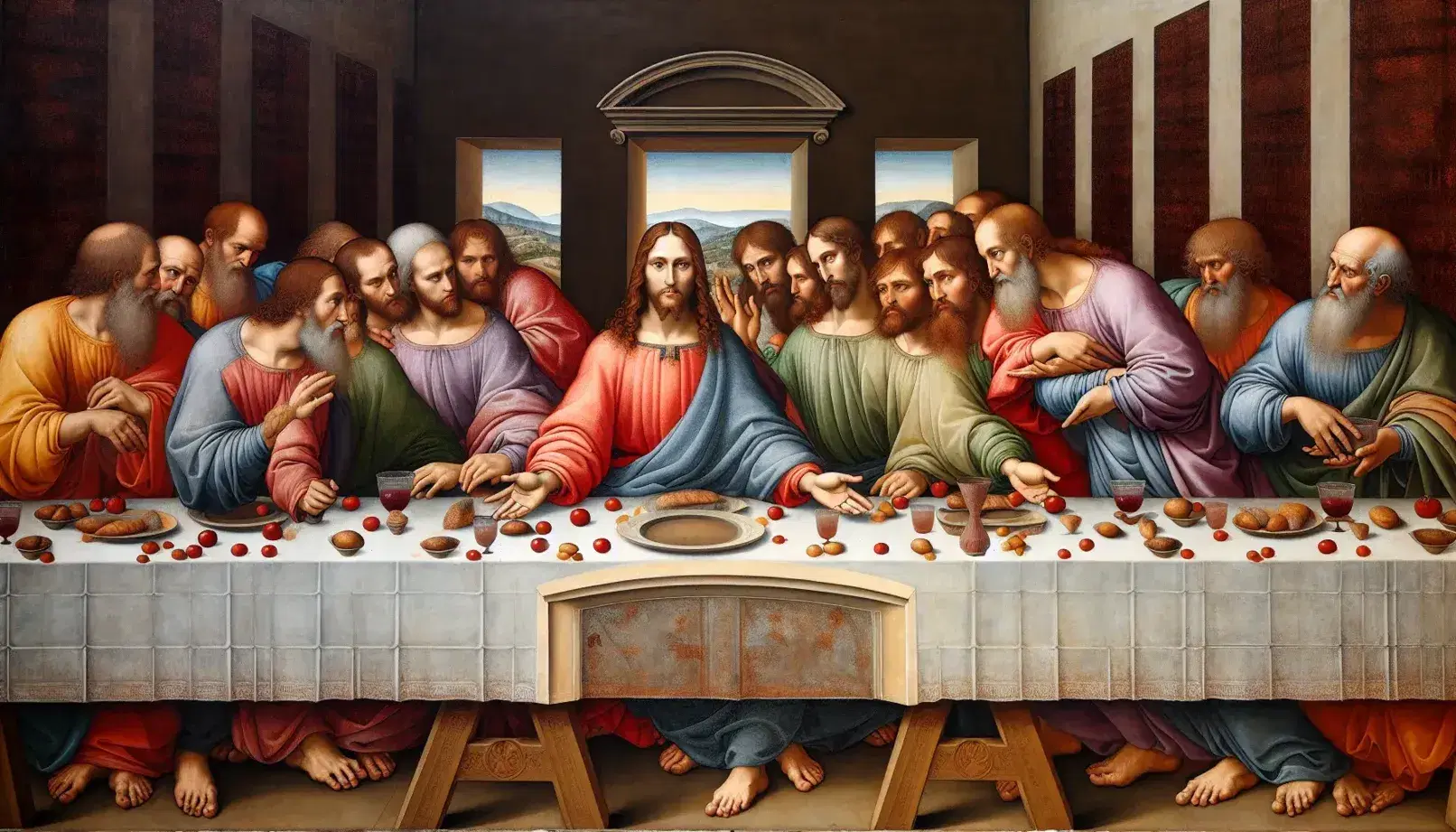 Riproduzione dettagliata del Cenacolo di Leonardo con Gesù al centro e apostoli in gruppi di tre, espressioni vivide, senza simboli leggibili.