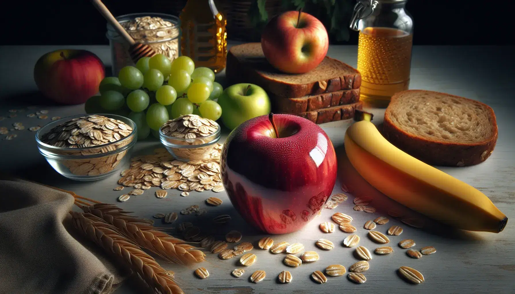 Mela rossa lucida con goccia d'acqua, fiocchi d'avena, fetta di pane integrale, uva verde, banana matura e barattolo di miele su legno chiaro.