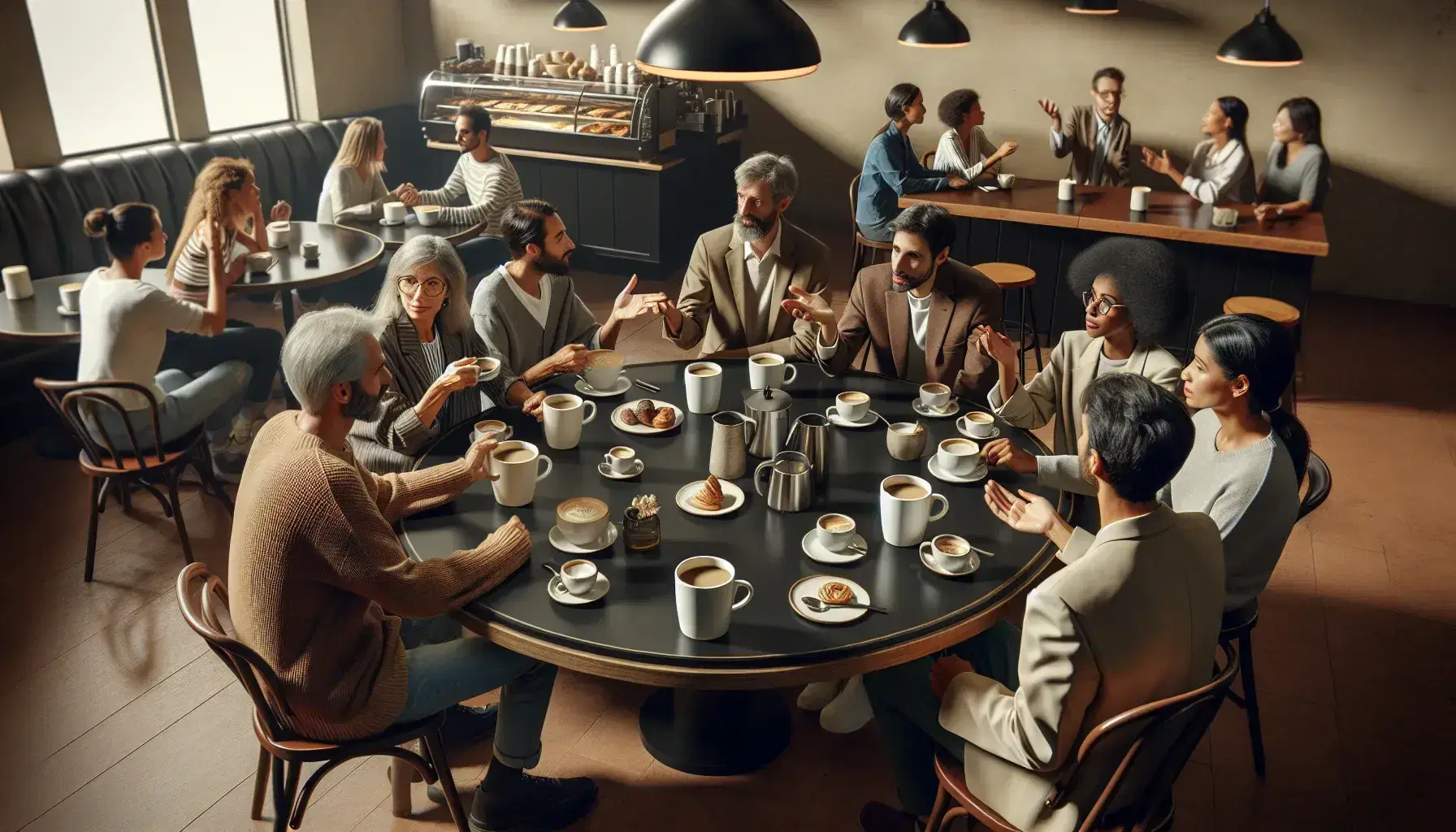 Grupo diverso conversando animadamente en una cafetería alrededor de una mesa redonda con tazas de café y restos de pastelería, ambiente cálido y acogedor.