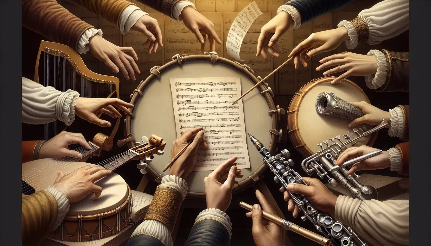 Mani multietniche che reggono strumenti musicali e oggetti di notazione, tra cui penna, tamburo, flauto e lira, su sfondo sfocato.