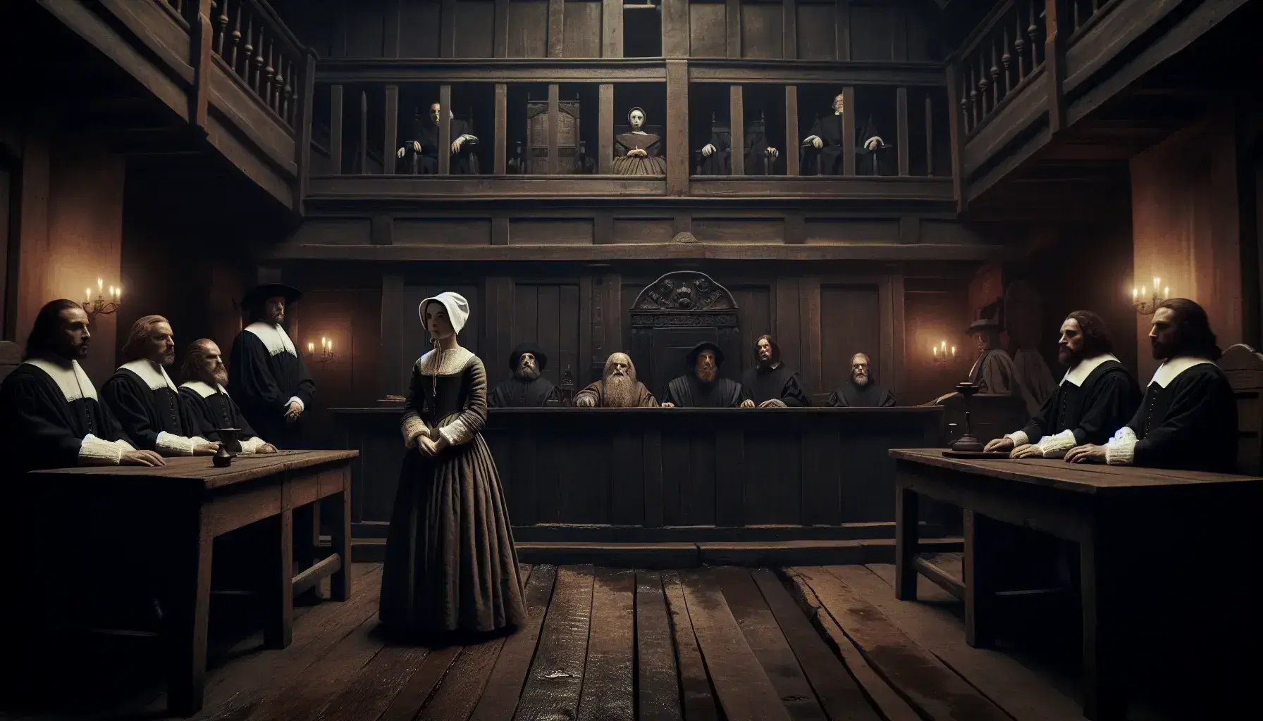 17th-century courtroom scene with stern judges in black robes, a woman in simple attire standing center, and a bailiff with a staff, in dim natural light.