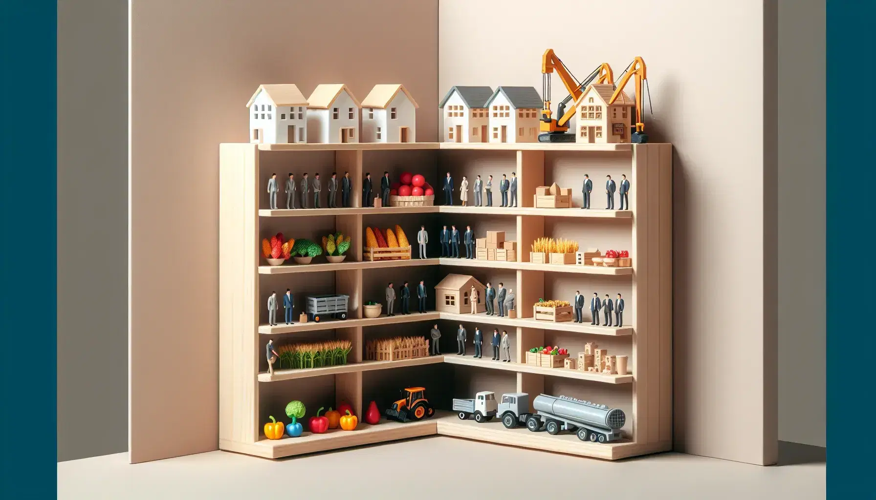 Estantes de madera con miniaturas de casas, frutas y verduras de plástico, figuras de personas y maquinaria industrial, simbolizando diversos sectores económicos.