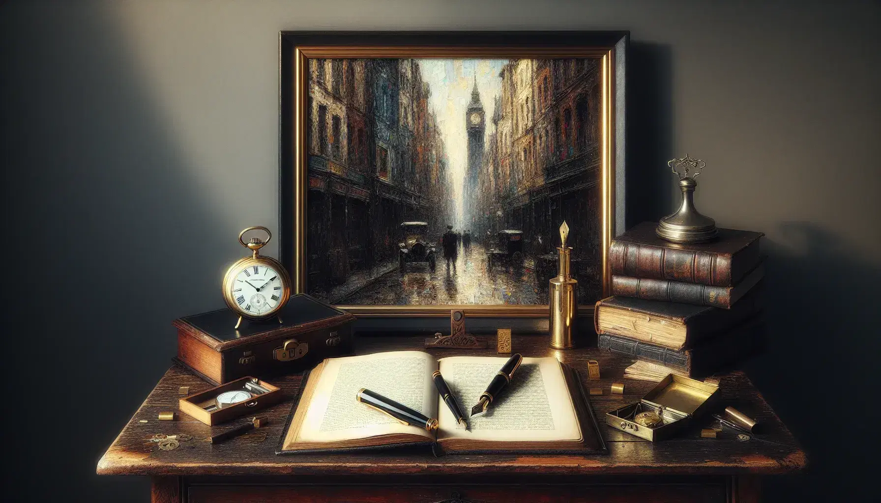 Scrivania in legno scuro con libro aperto, penna stilografica nera, orologio da tasca argento e quadro impressionista sullo sfondo.