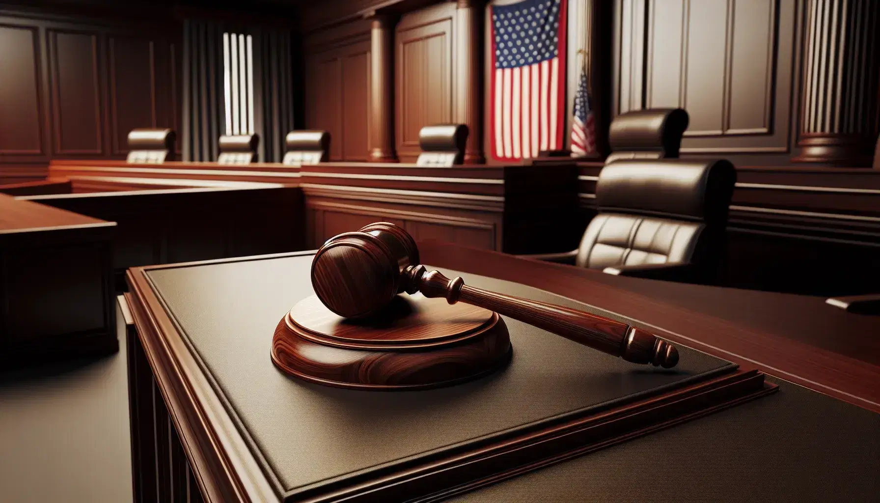Classic American courtroom with a polished judge's bench, gavel on block, empty public seating, and flanking American and state flags.