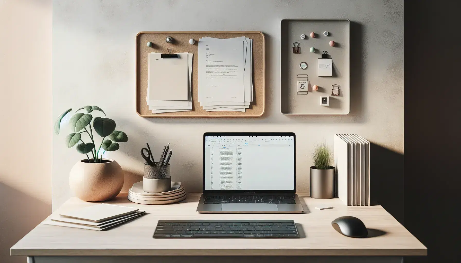 Scrivania in legno chiaro con laptop aperto, pianta, documenti legati e tazza di caffè, in uno spazio di lavoro ordinato e illuminato naturalmente.