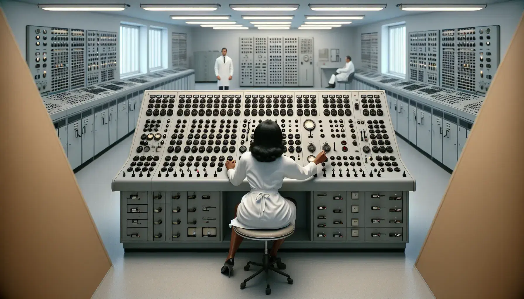 1960s style laboratory with control panel, switches and dials, African female scientist and Middle Eastern colleague look attentively.