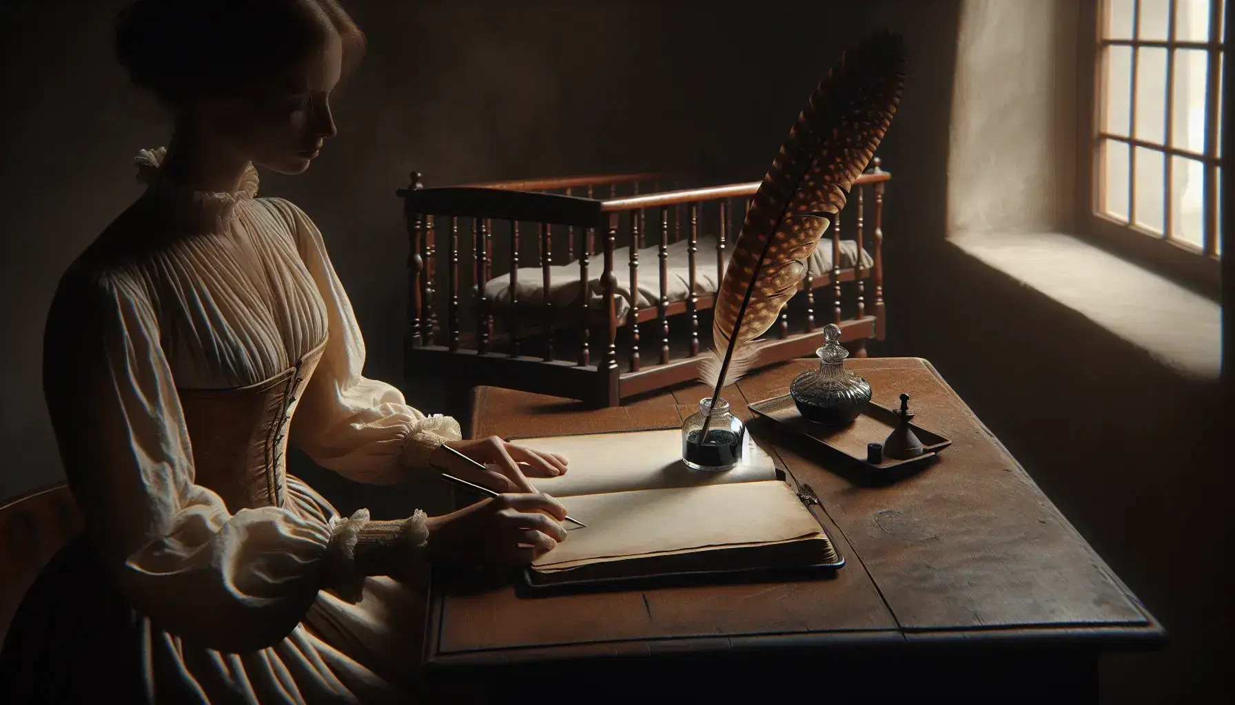 Dimly lit room with a wooden desk, open leather journal, quill pen, inkwell, and an empty cradle, evoking a serene, timeless writing scene.