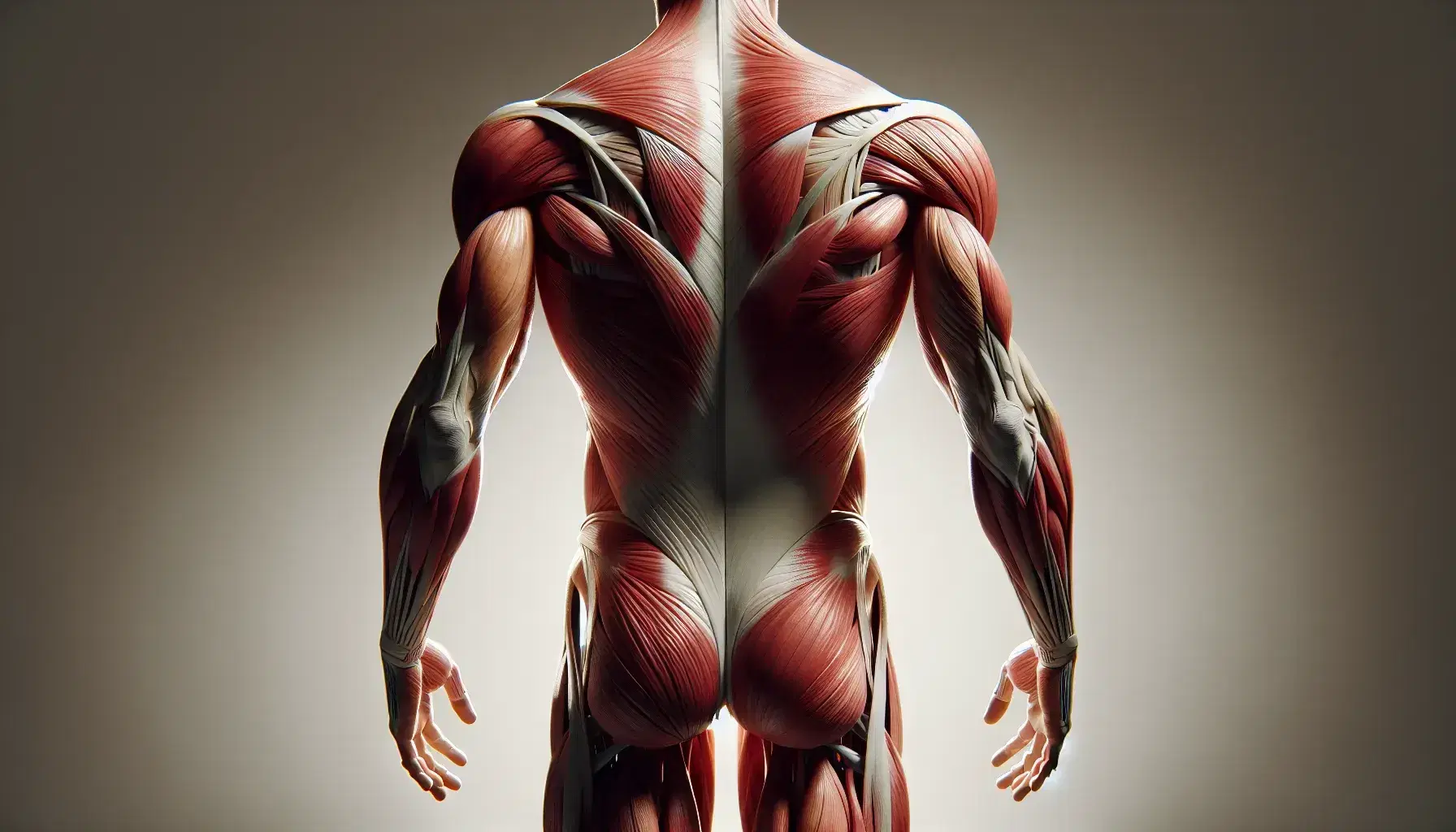 Atleta maschile in vista posteriore con muscoli esposti che mostrano il sistema muscolare della colonna vertebrale e degli arti.