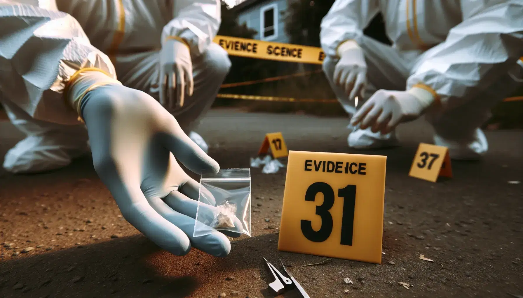 Outdoor forensic investigation with detectives in white suits collecting evidence, gloved hands with transparent bag, yellow tape, no text visible.
