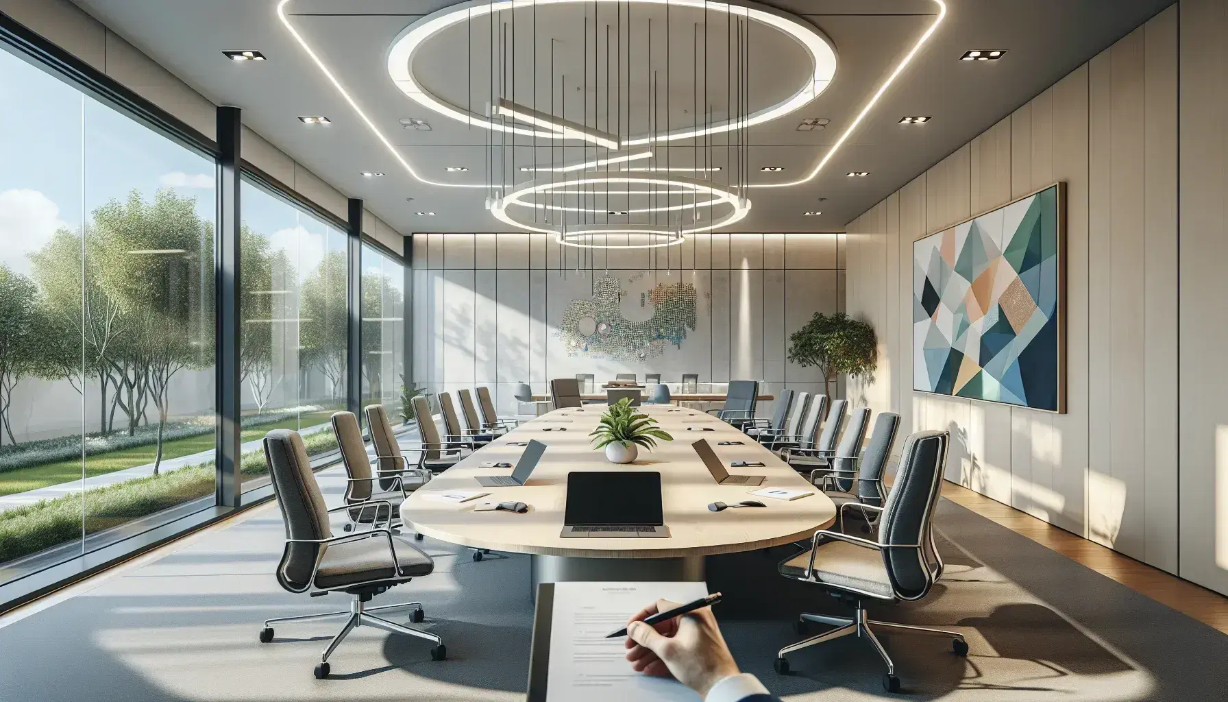 Sala conferenze moderna e luminosa con tavolo ovale, sedie ergonomiche grigie, laptop e fogli sparsi, illuminazione a LED e vista su giardino.