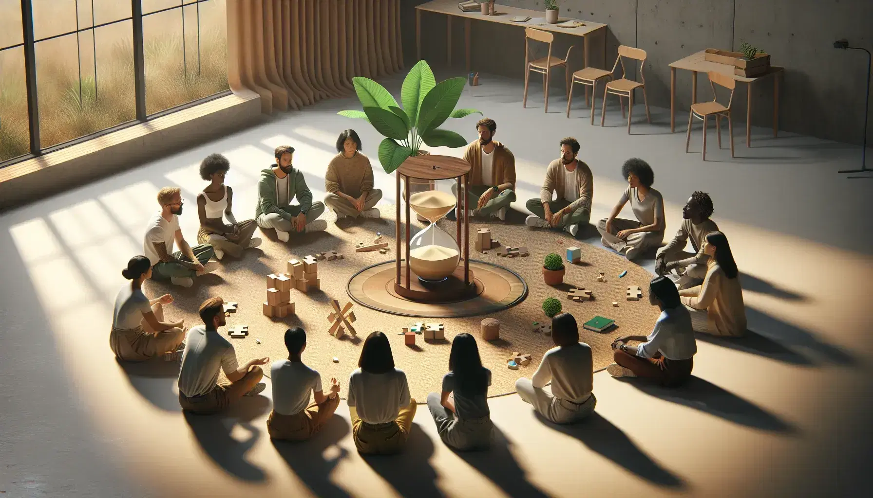 Grupo diverso en sesión de trabajo colaborativo con rompecabezas, reloj de arena, planta y bloques de construcción en el centro, en ambiente iluminado y tranquilo.