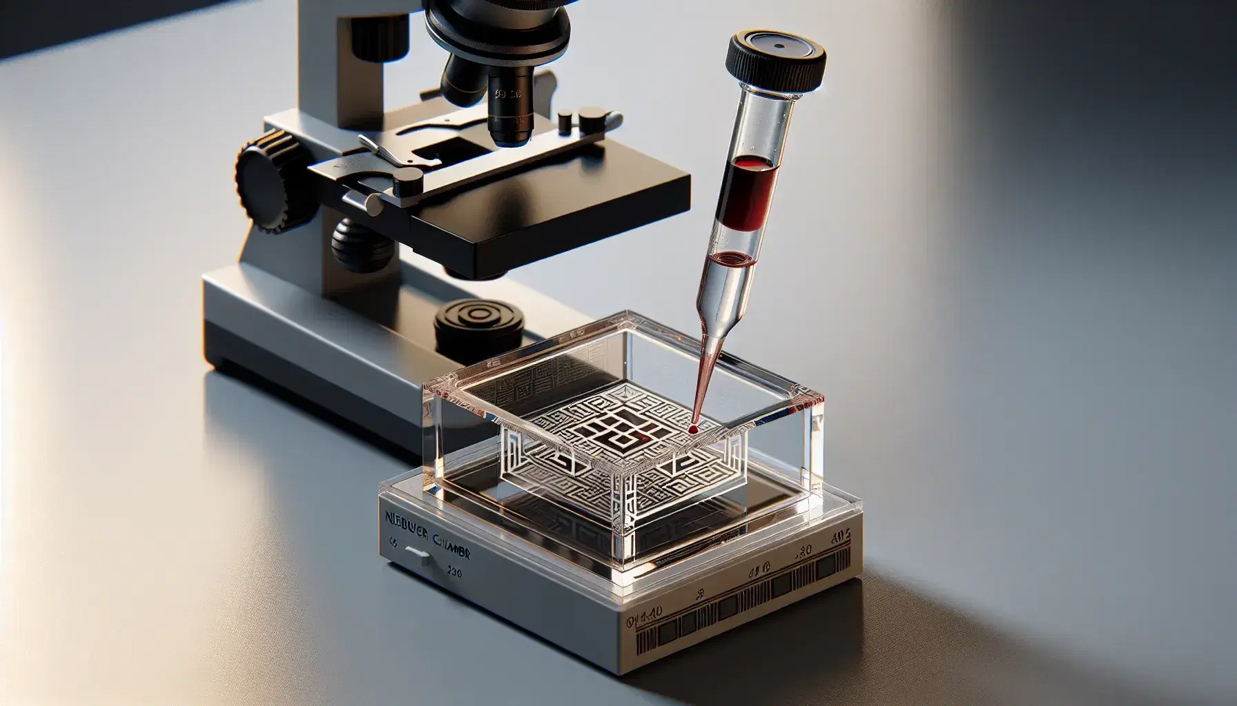 Cámara de conteo Neubauer en laboratorio con pipeta dispensando muestra sanguínea y microscopio compuesto al fondo.