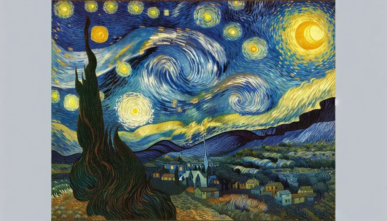 Riproduzione del dipinto 'Notte Stellata' di Van Gogh con cielo dinamico, stelle scintillanti, cipresso e case di un tranquillo paesino.