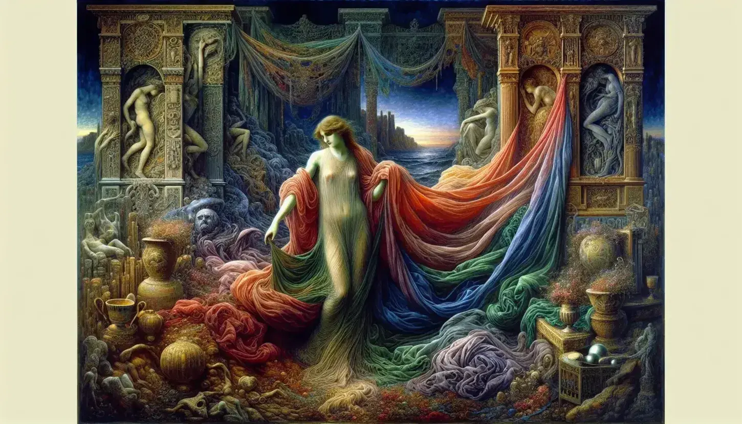 Salome simbolista in drappi colorati con elementi decorativi, vasi ornamentali e strutture antiche su sfondo crepuscolare.