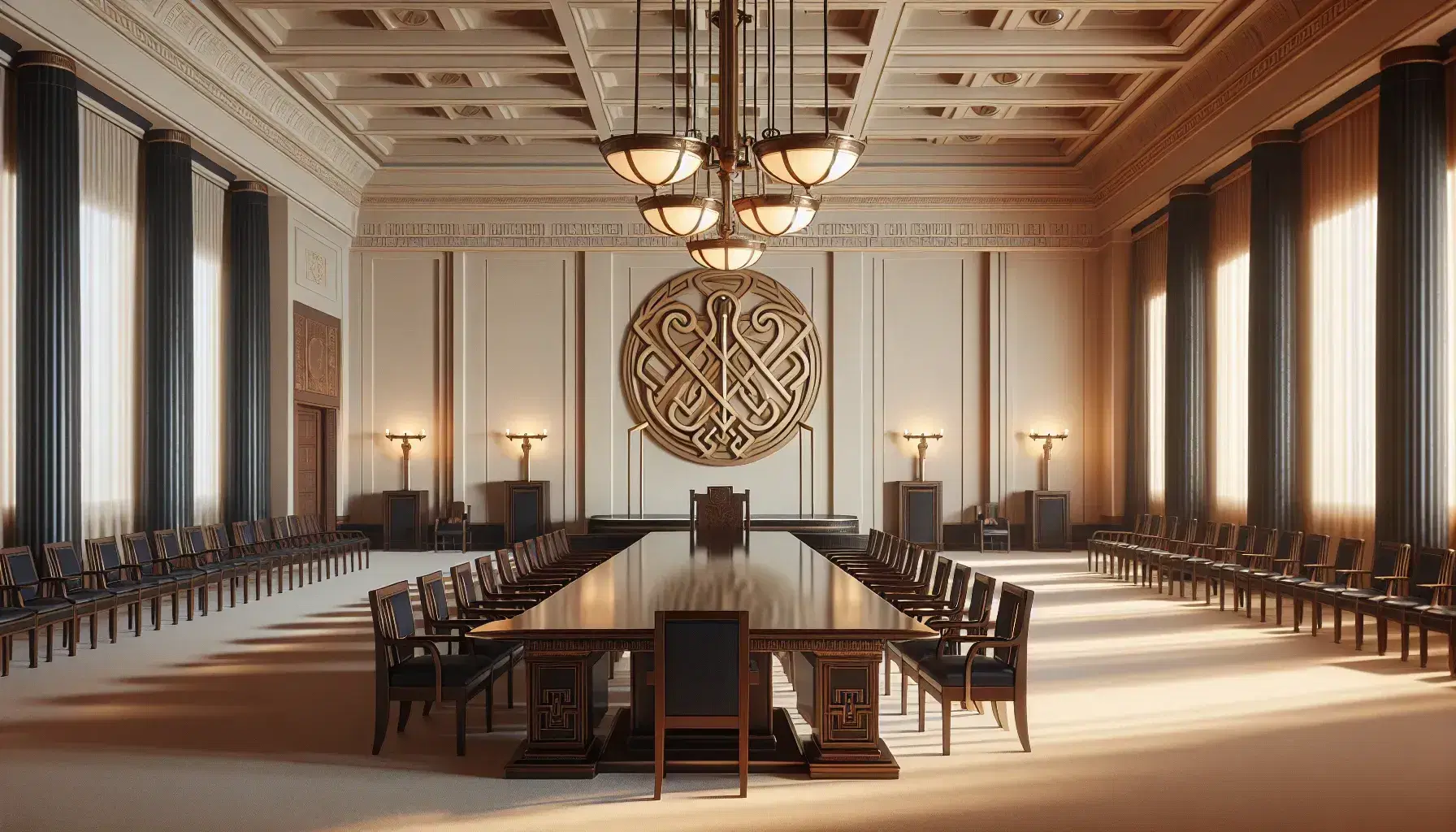 Sala solemne con mesa de madera oscura, sillas a juego, trono elevado y escudo en la pared, rodeada de columnas robustas y balanza de justicia en primer plano.