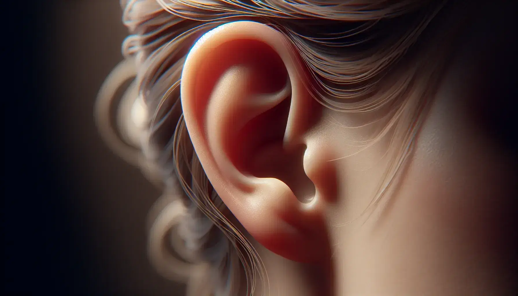 Close-up view of a human ear showcasing the pinna, ear canal entrance, and natural skin tones against a blurred neutral background.