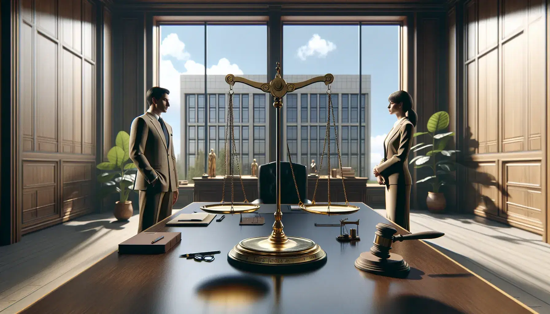 Escena en oficina gubernamental con balanza de justicia en primer plano, dos profesionales conversando detrás y ventana con vista a edificio.