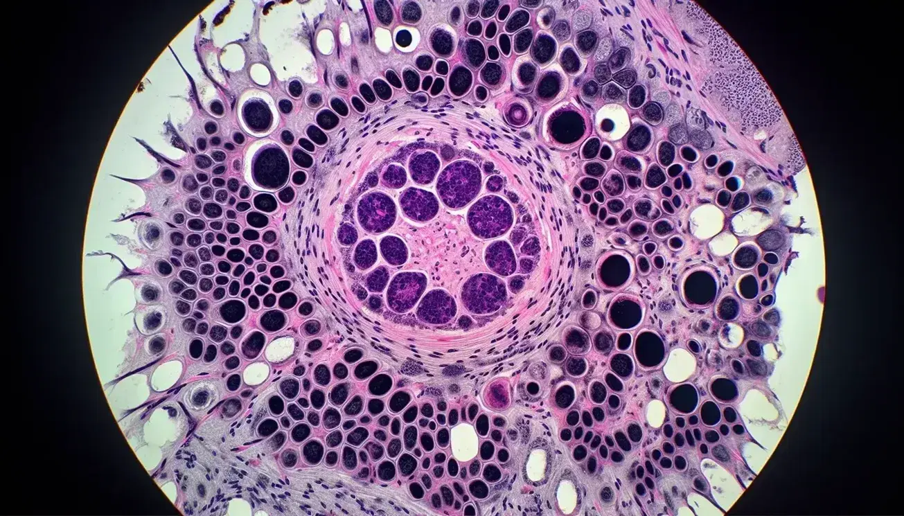 Vista microscópica de tejido humano con células teñidas en tonos rosas y morados, mostrando núcleos oscuros y membrana plasmática definida.