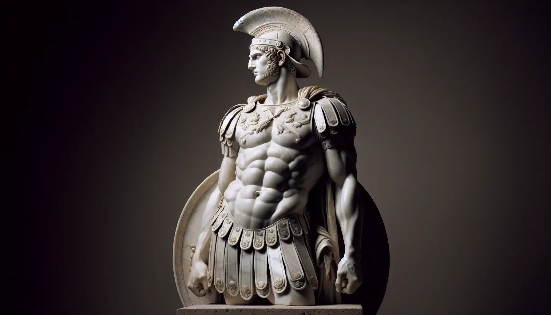 Scultura in marmo bianco di uomo in armatura romana con elmo e scudo, dettagli muscolari e volto maschile accuratamente cesellati.