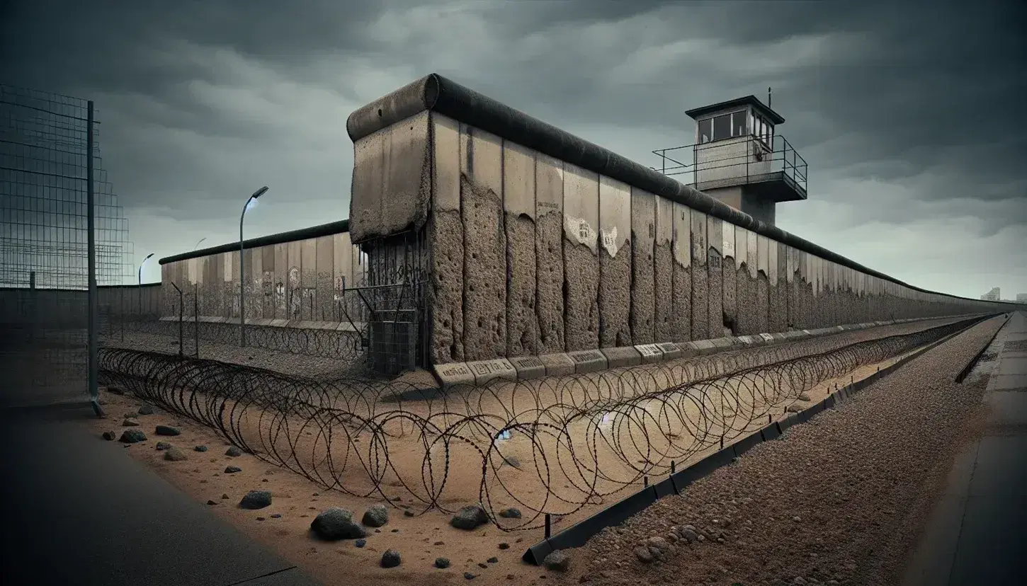 Berlin Wall section with guard tower, barbed wire, and no-man's land under an overcast sky, evoking Cold War era isolation.