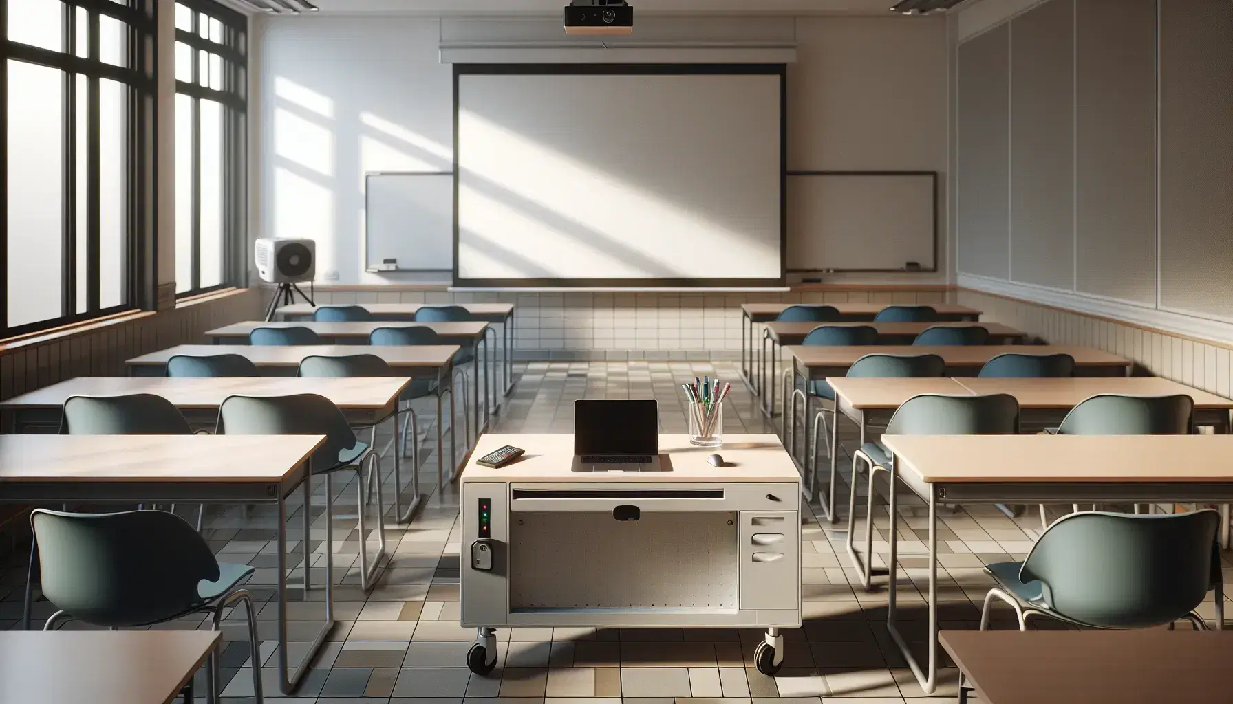 Aula vacía con luz natural, pizarra blanca, escritorio de profesor con laptop y marcadores, proyector digital y filas de pupitres con sillas azules.