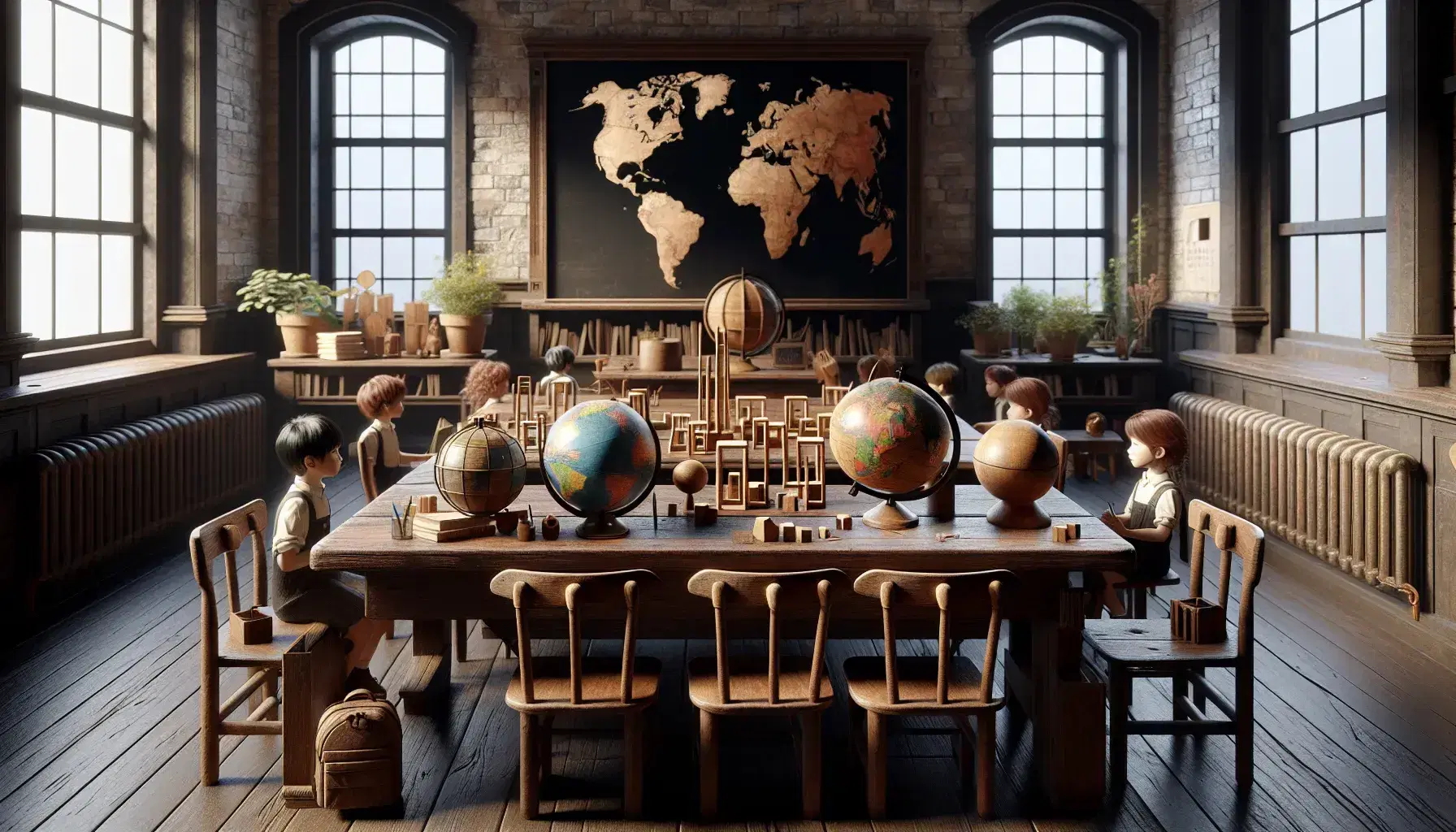 Aula antigua iluminada naturalmente con mesa de madera, sillas, globo terráqueo, figuras geométricas, planta con flor amarilla, pizarra vacía, estantería con libros y dos niños atentos.