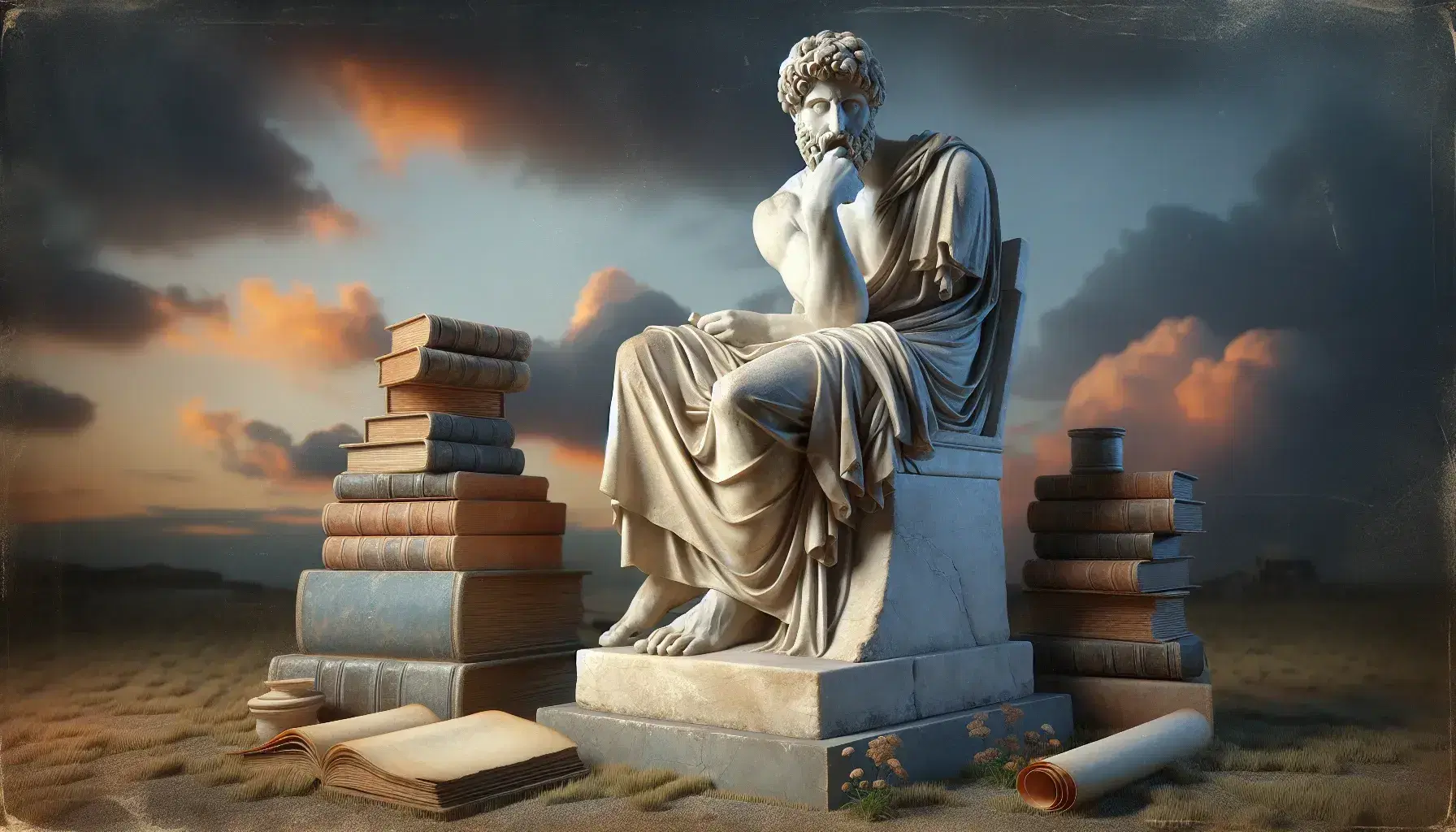 Statua greca antica di filosofo pensieroso seduto con pergamena su sfondo tramonto, libri antichi in primo piano.
