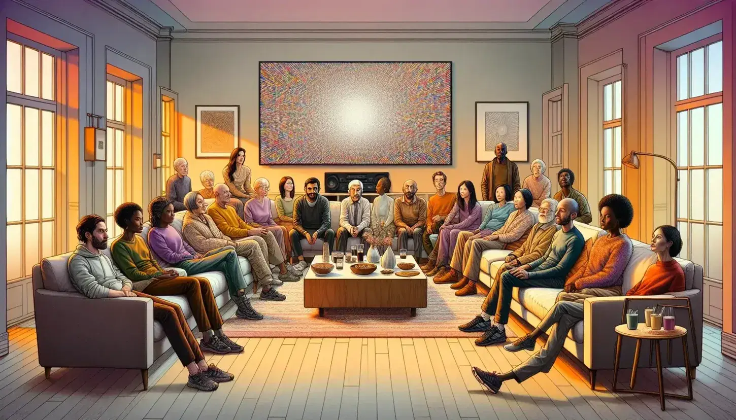 Assorted multi-ethnic group watches TV in cozy living room with sofa, armchairs and pillows, natural light and modern decorations.
