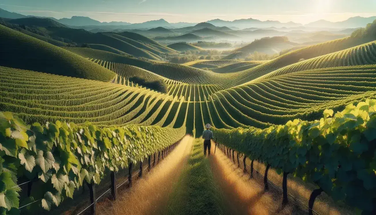 Vigneto sulle colline del Friuli-Venezia Giulia in una giornata soleggiata, con filari ordinati, sfumature di verde e giallo, e figura umana tra le viti.