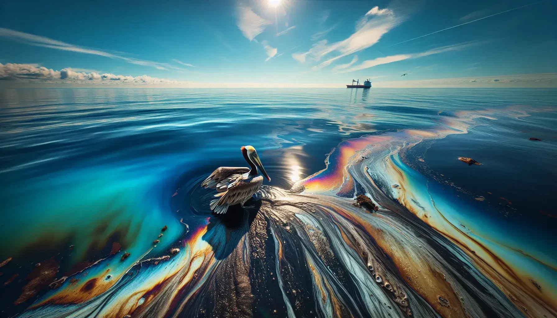 Brown pelican soaked in oil on a beach with a background of blue sea and an iridescent oil spill slick, clear sky.