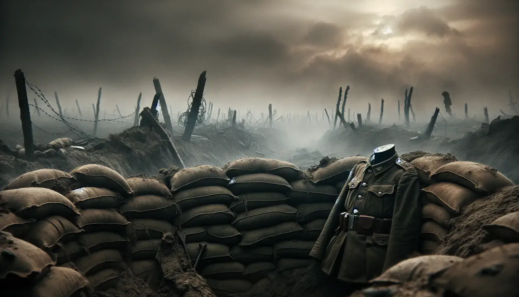 Campo di battaglia della Prima Guerra Mondiale con resti di trincea, uniforme militare italiana appoggiata e paesaggio desolato sotto cielo plumbeo.