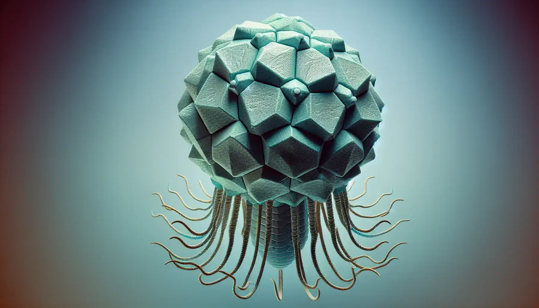 Detailed close-up of a metallic bacteriophage with an icosahedral head and segmented tail, set against a soft blue-green gradient background.
