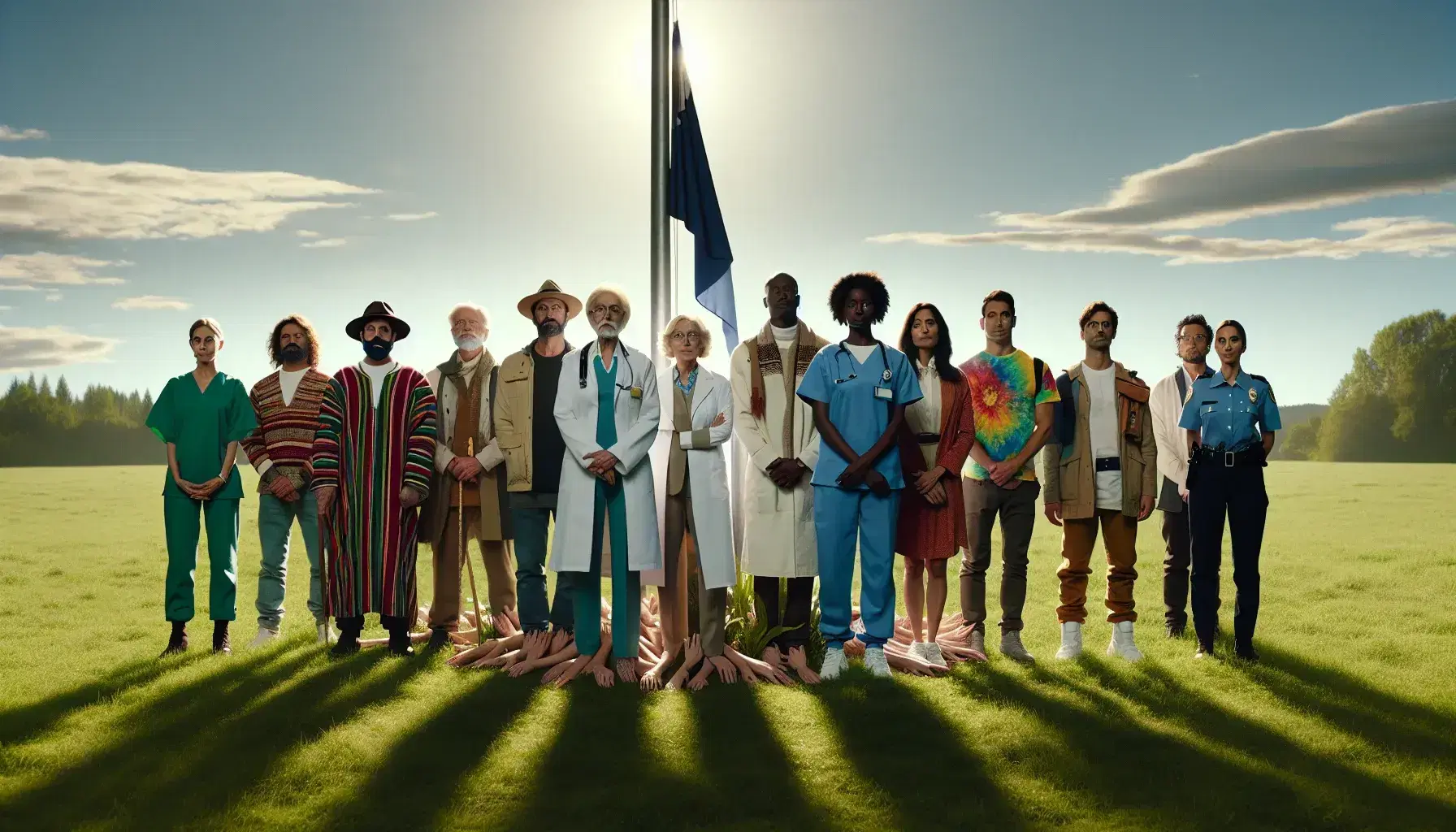 Diverse group in a park with a Hispanic musician, elderly female scientist, young Black entrepreneur, Middle-Eastern policewoman, and South Asian boy artist, uniting hands at a flagpole.