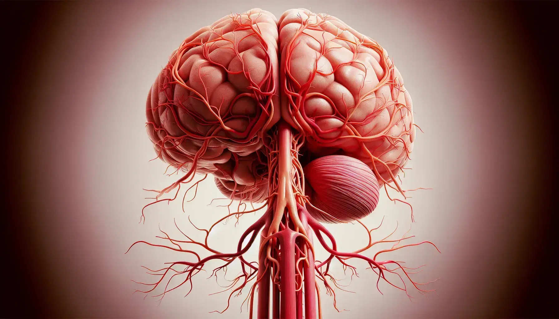 Modelo anatómico tridimensional del cerebro humano destacando el sistema vascular cerebral con arterias en rojo intenso y tejido cerebral en tonos rosados.