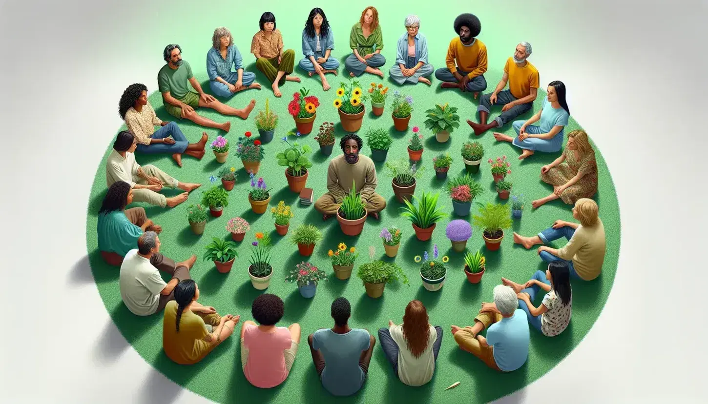 Grupo diverso de personas sentadas en círculo en un parque con plantas en el centro, disfrutando de un día soleado al aire libre.