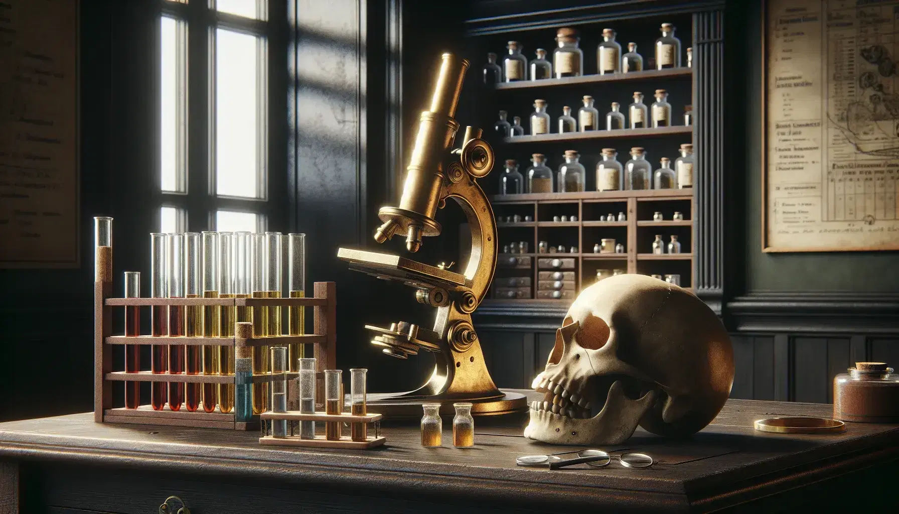 Laboratorio scientifico vittoriano con microscopio antico in ottone, provette colorate e teschio su mobile, illuminato da luce naturale.