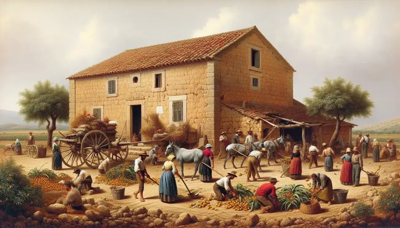 Scena rurale siciliana ottocentesca con contadini al lavoro, casa di pietra ocra, carretto e asino, sotto un cielo azzurro.