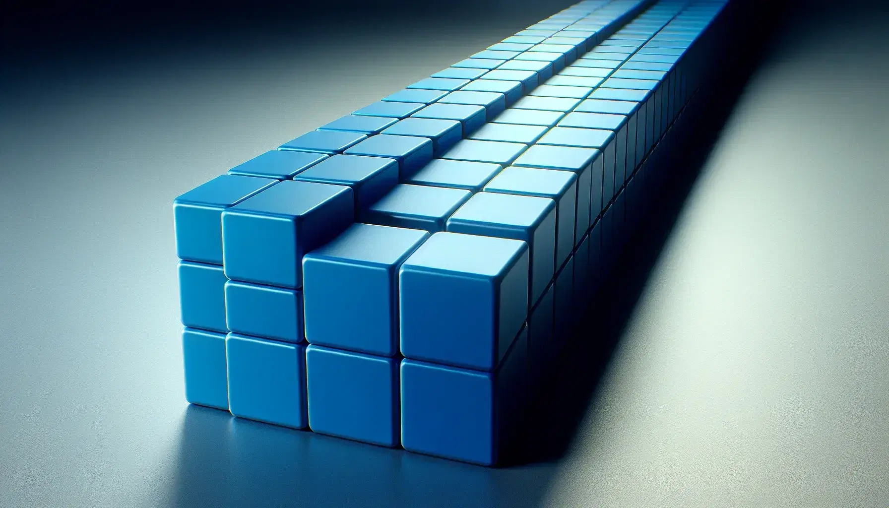 Horizontal row of blue solid rectangular blocks, sorted on matte gray surface with soft shadows, gray gradient background.