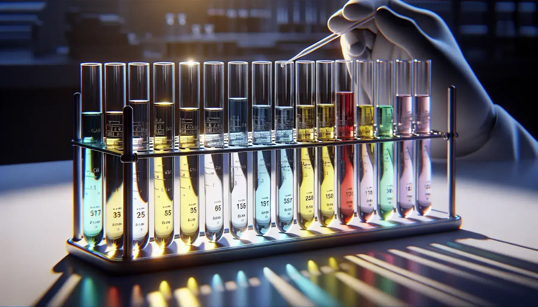 Provette in vetro con liquidi colorati su supporto metallico in laboratorio, braccio con camice e pipetta, ambiente pulito e ordinato.