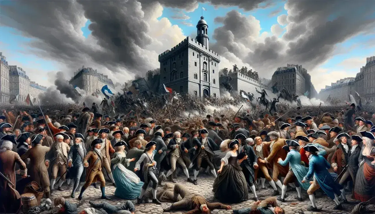 Rappresentazione artistica dell'assalto alla Bastiglia durante la Rivoluzione Francese, con folla in movimento verso la fortezza grigia.