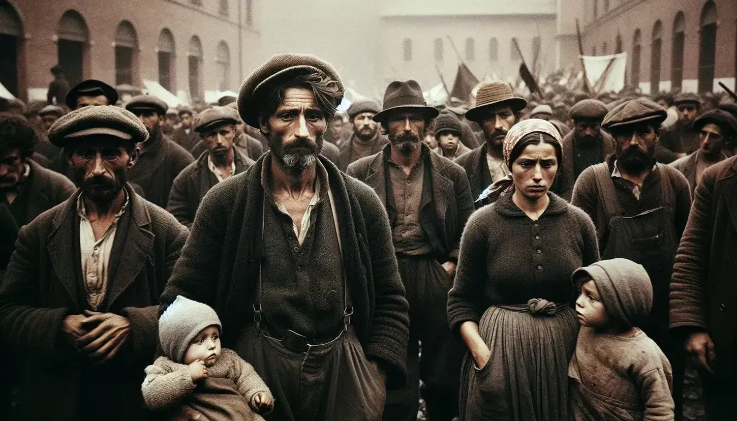 Manifestazione di lavoratori e contadini italiani del dopoguerra, uomo con cappello guida gruppo, donna con fazzoletto porta bambino, abiti usati.