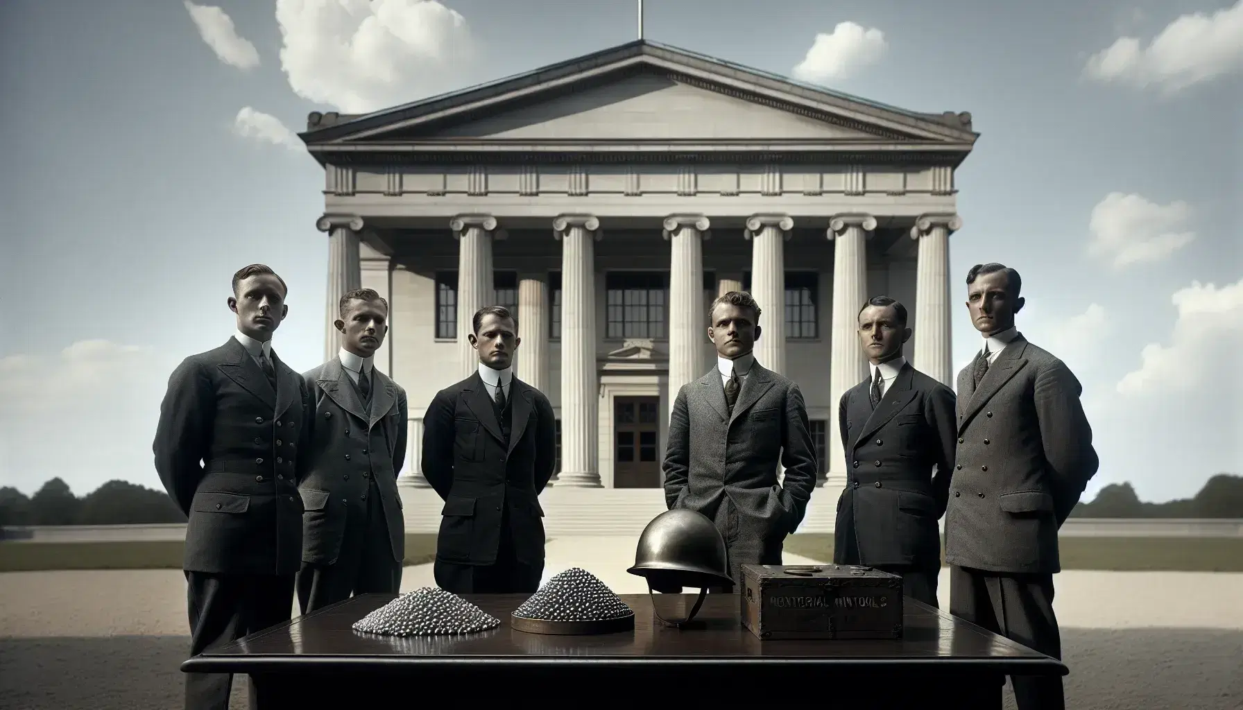 Grupo de cinco hombres en trajes formales de los años 30 frente a edificio neoclásico con columnas, casco militar y minerales en mesa, bajo cielo azul claro.