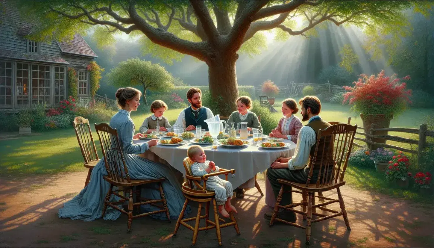 Familia disfrutando de un picnic al aire libre en un jardín soleado, con comida en la mesa y rodeados de naturaleza.