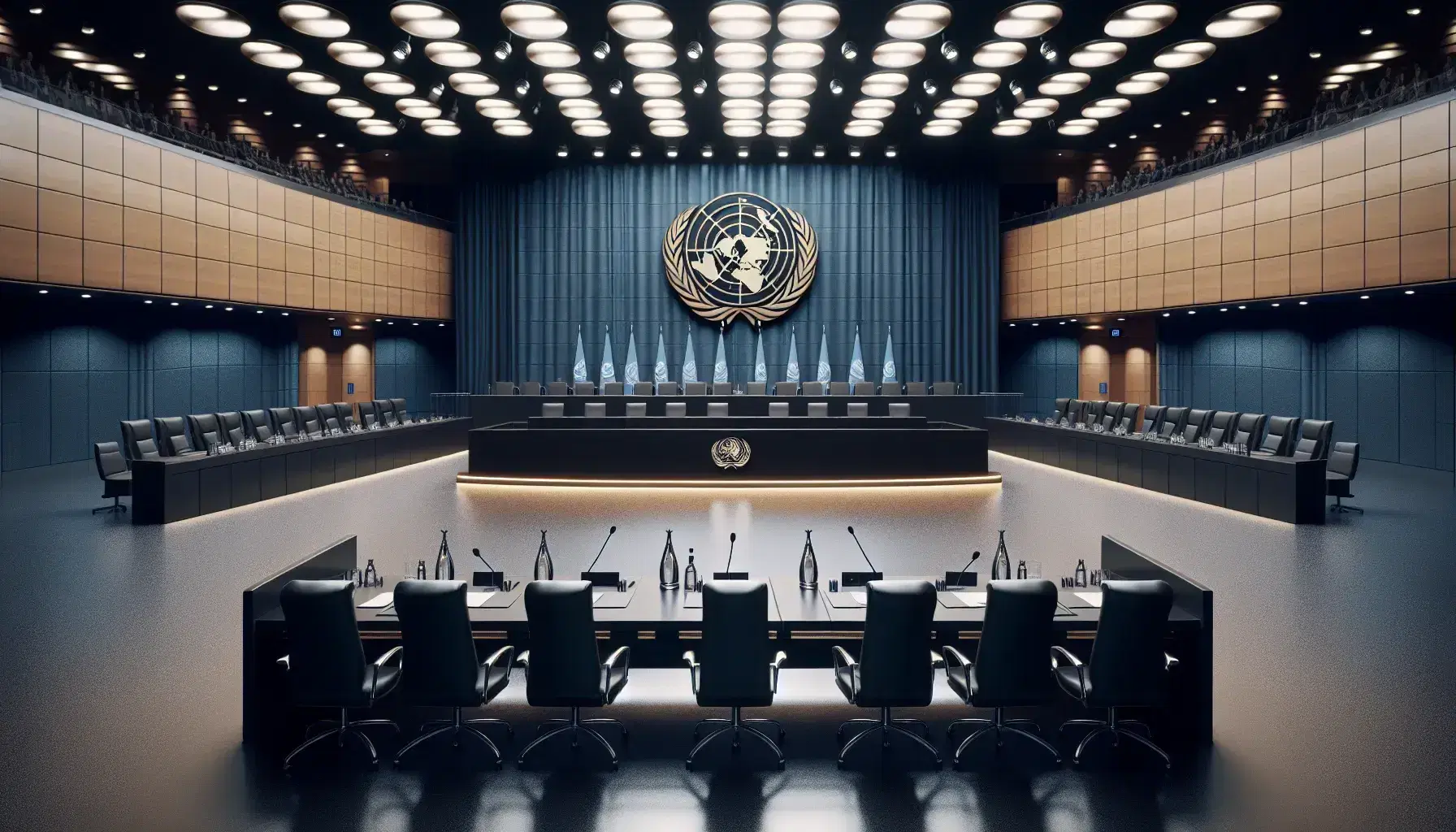 Sala de tribunal internacional vacía con mesas en forma de U, sillas negras, micrófonos, botellas de agua y cortina azul con sillas elevadas para jueces.