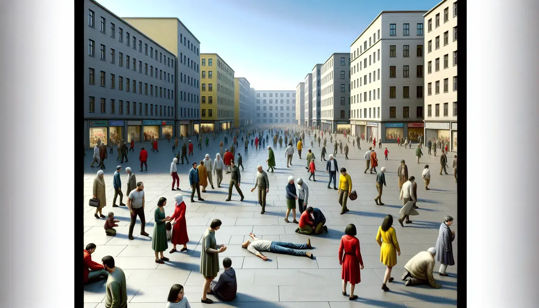 Crowded square with different people ignoring one individual on the ground, surrounding neutral buildings, cloudless blue sky.