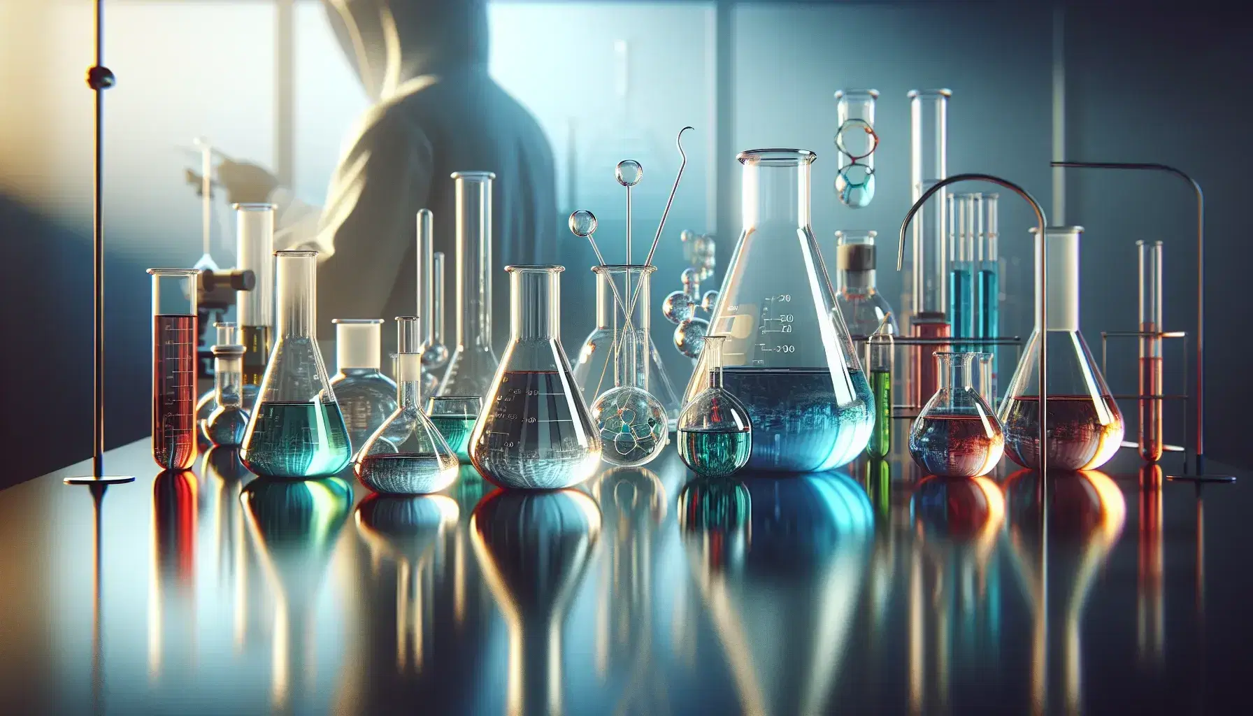 Science laboratory with glass beakers and flasks containing colored liquids on metal surface, blurred figure of scientist in white coat.