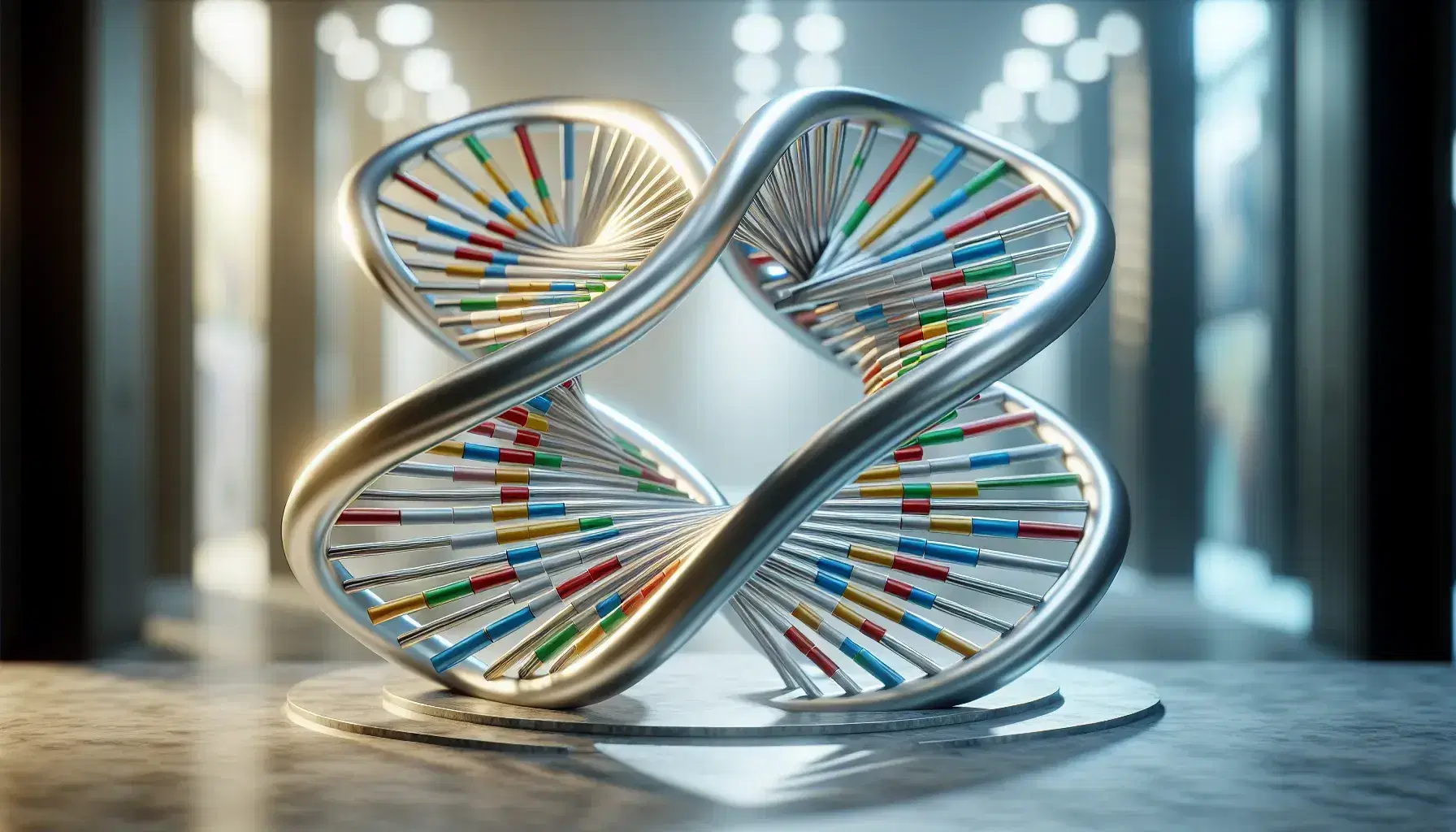 Modello 3D di doppia elica del DNA con spirali argentate e gradini colorati che rappresentano le coppie di basi azotate.