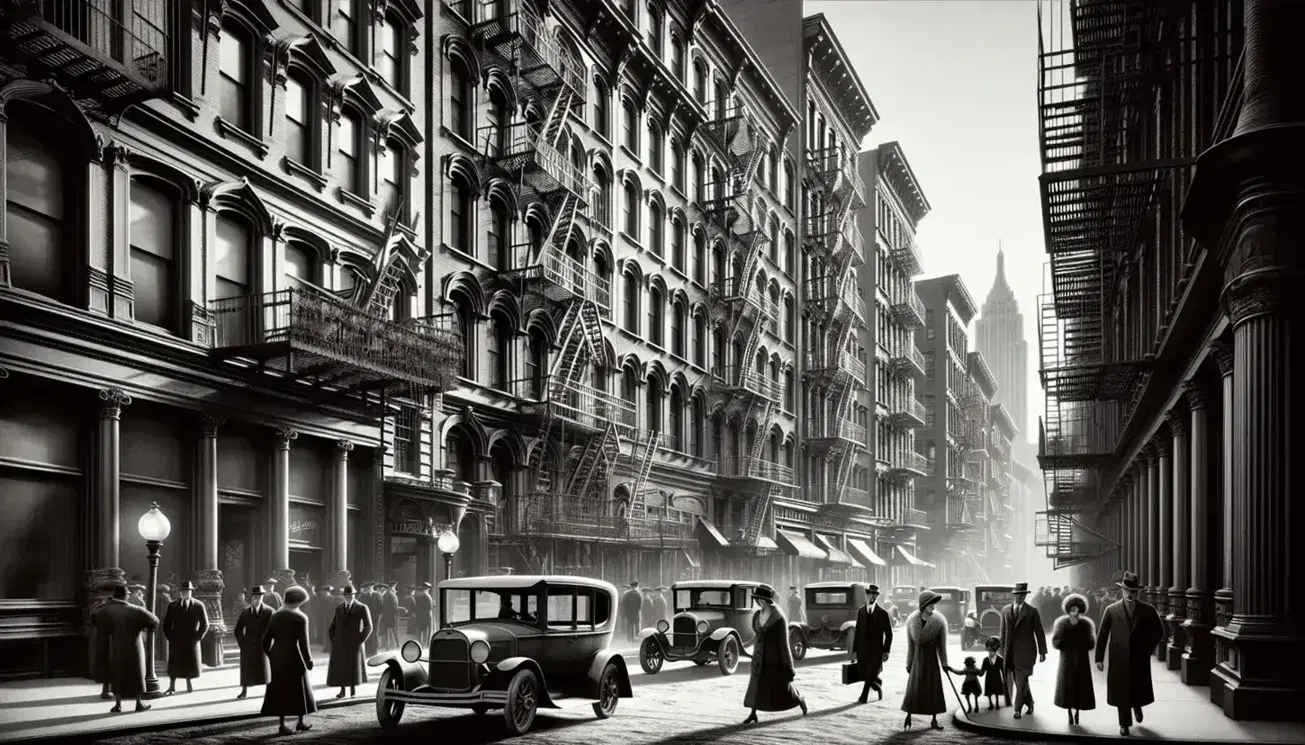 1920s New York City street scene with pedestrians in period attire, classic cars parked along ornate buildings, and clear skies above.
